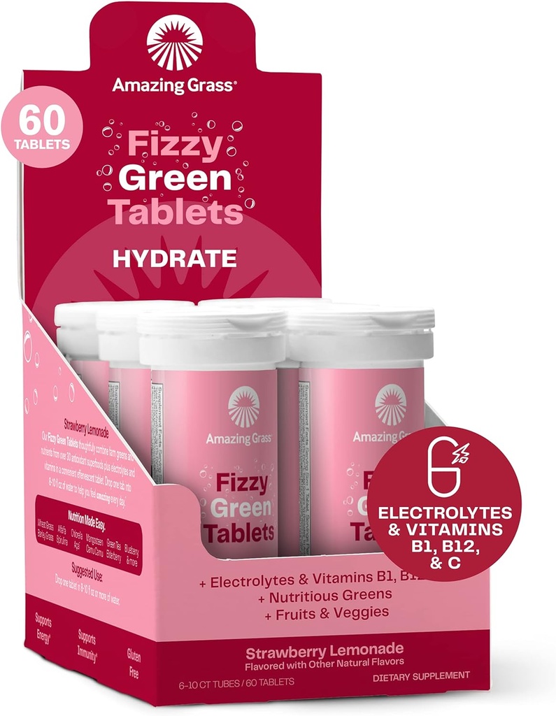 Amazing Grass Electrolyte Tablets, Fizzy Greens Water flavoring Tablet with Vitamins, Hydrate Strawberry Lemonade, 10 Count (Pack of 6) (패키지 May Vary)