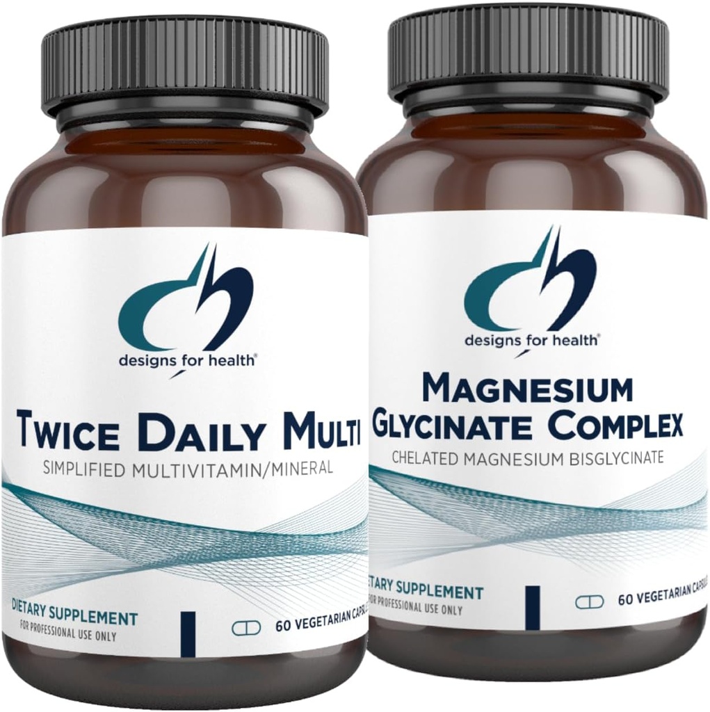 Designs for Health Magnesium Glycinate Complex (60 Kapseln) & Twice Daily Multi (60 Kapseln) Bundle - Premium Multivitamin mit Folate & High Absorption Magnesium Supplement