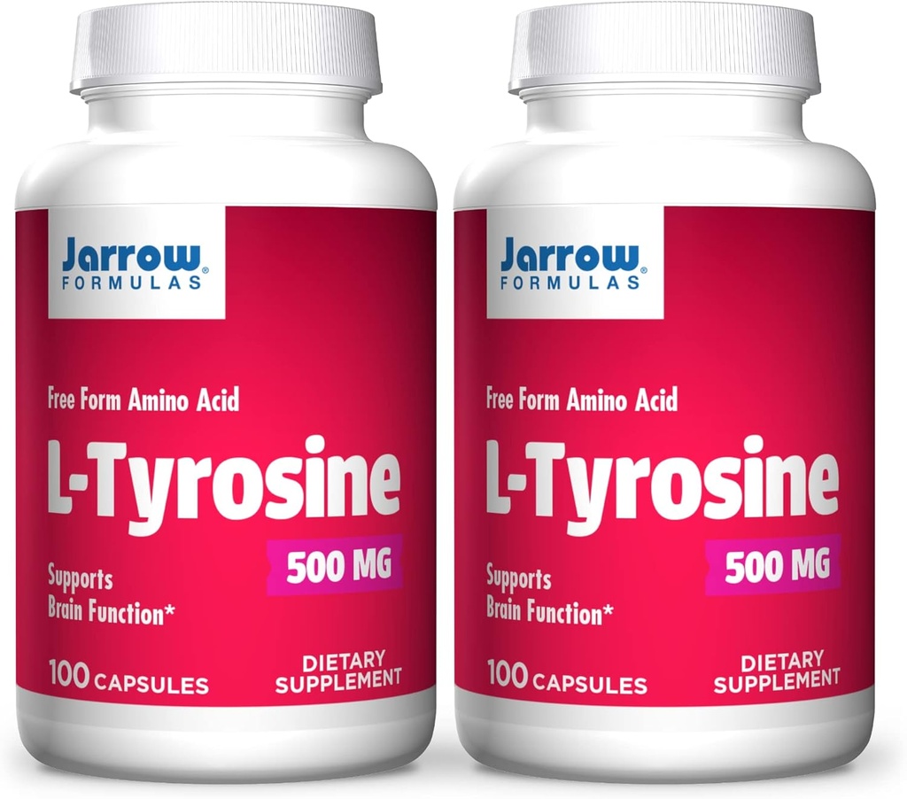 Jarrow Formulas L-Tyrosine 500 מ"ג - 100 קפסולות - תומך בתפקוד המוח - Brain Neurotransmitter Precursor - Free Form Amino Acid - מכיל קריסטל טהור L-Tyrosine - 100 משרתים