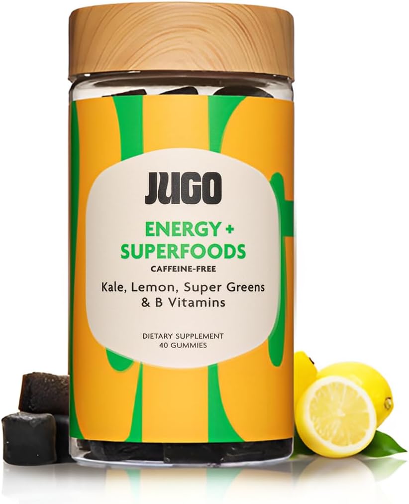 Jugo Energy + SUPERFoods 124; Vitamin B12 Gummies dengan Kale & Super Greens 124; 40 Count Caffeine- Free Energy Gummies = 124; Plant - berbasis, gelatin- Free, Non-GMO, dibuat di Amerika Serikat
