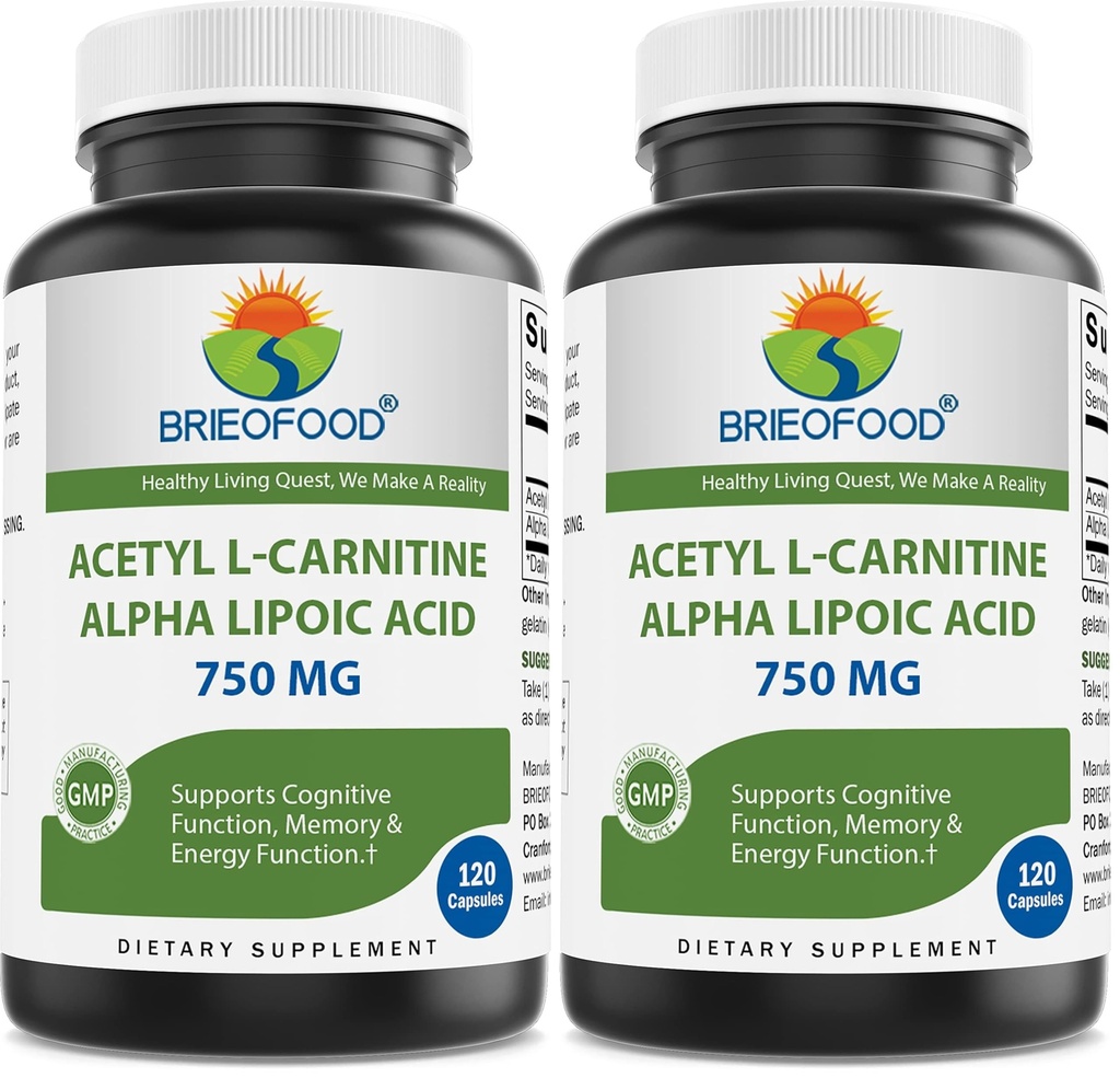 Brieofood Acetyl L-Carnitine Alpha Lipoic Acid (ALA ALC) 750 mg 120 Capsules (Pack of 2)