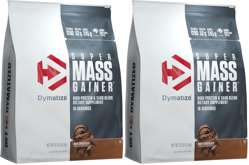 Dymatize Super Mass Gainer Protein Powder, Rich Chocolate, 52g Protein, 1g Creatine, 1280 Calories, 10.7g BCAAs, 245g Carbs, Contains Whey_Protein Powder, Isolate, and Casein (16 Servings) (Pack of 2)