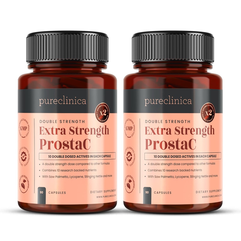 pureclinica Extra Strength ProstaC – 6-Month Supply (2 Bottles) of Premium Prostate Support – Saw Palmetto, Beta-Sitosterol, Pygeum, Nettle, Lycopene & More – 180 High-Potency Capsules
