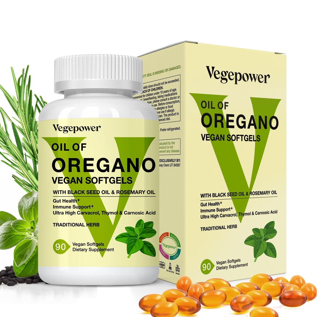Oil of Oregano with Black Seed Oil, 4 in 1 Oil of Oregano Vegan Softgels Supplement - with Carvacrol, Thymol, Rosemary and Vitamin A to Help Support Immune & Gut Health, Non-GMO, 90 Counts