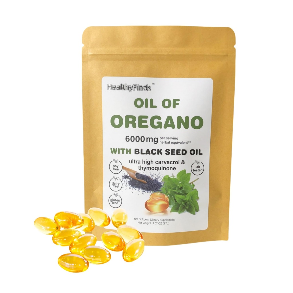 Oil of Oregano Softgels, Oregano Oil Capsules Organic, 2-in-1 6000mg with Black Seed Oil 200mg, Natural Defense Supplement, Non-GMO, Easy to Swallow (120 Count)