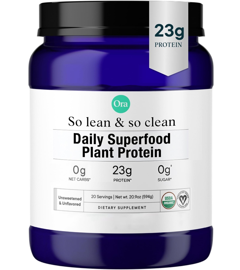 Ora Organic Vegan Protein Powder - 23g Plant Based Pea Protein + Superfood for Women and Men - Unsweetened & Unflavored - 20 Servings, No Erythritol, Keto-Friendly, Gluten-Free, Paleo, Soy-Free