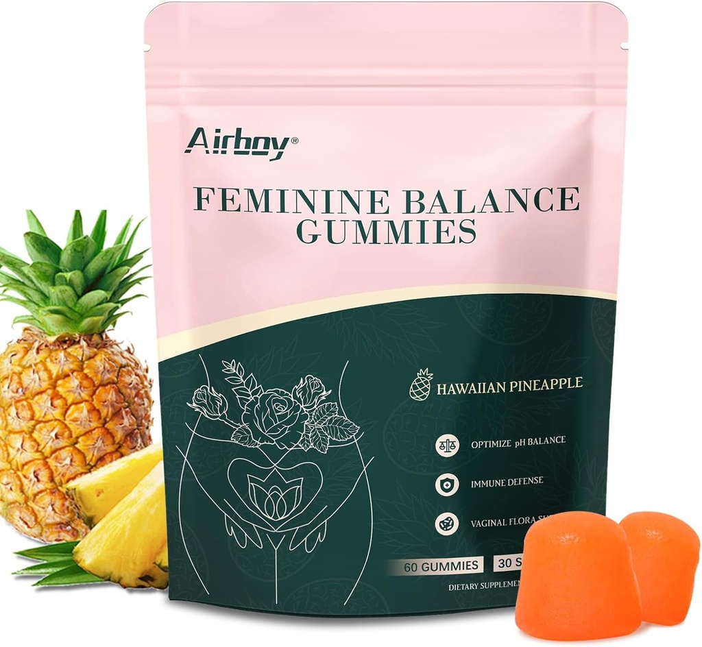 Airboy Feminine Balance Gummies - Pineapple Gummies для жінок PH - Vaginal Probiotics Gummy - Immune підтримка, Вагінальний квітковий баланс - 60 Gummies
