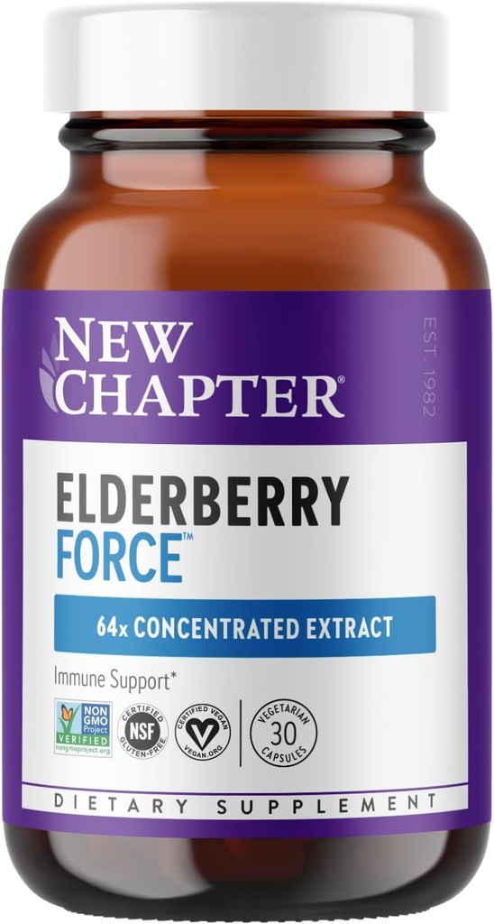 Nuevo Capítulo Vegan Elderberry Capsules con 64x Concentrado Negro Elderberry + Currante Negro para Soporte Integral de Inmunes, Proyecto No GMO Verificado, Gluten Libre, Certificado Vegan, 30 Conde