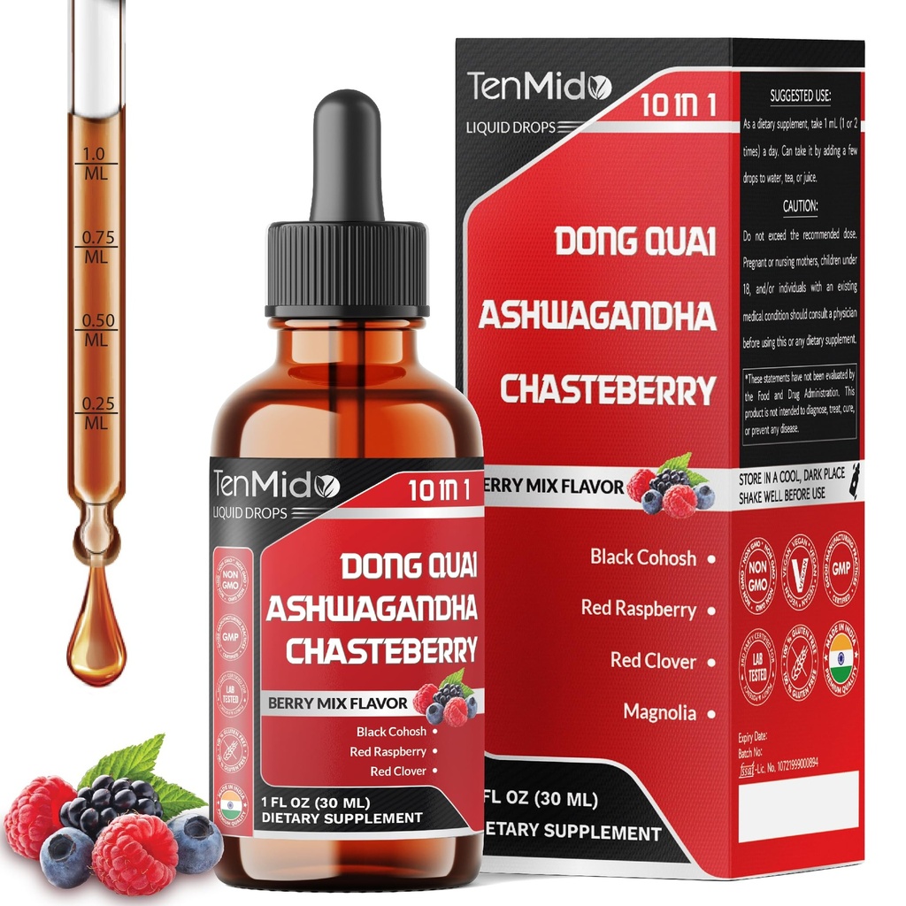 10in1 Liquid Dong Quai Supplement for Women with Ashwagandha, Chasteberry, Black Cohosh, Red Clover, Magnolia, Red Raspberry, Hops Flower, Lemon Balm, and Ginger - 30ml 1 Fl Oz
