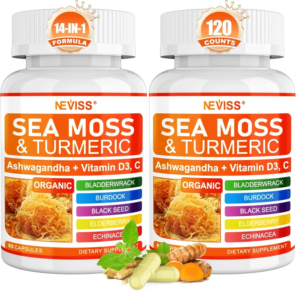 Sea Moss Capsules - 爱尔兰海 Moss 带有Turmeric Plus Ashwagandha, Black See Oil, Bladderwrack, Burdock Root, Vitamin C & D3, ACV 氯phy120Cts