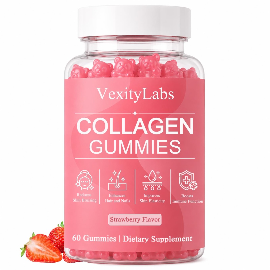 Vexity Labs Collagen Gummies, Collagen Bruising Supplements, Enhance Skin Barrier, Strengthen Nails & Hair, Fade Fine Lines, Boost Energy, Vegan, No Additives, 60 Gummies (1)