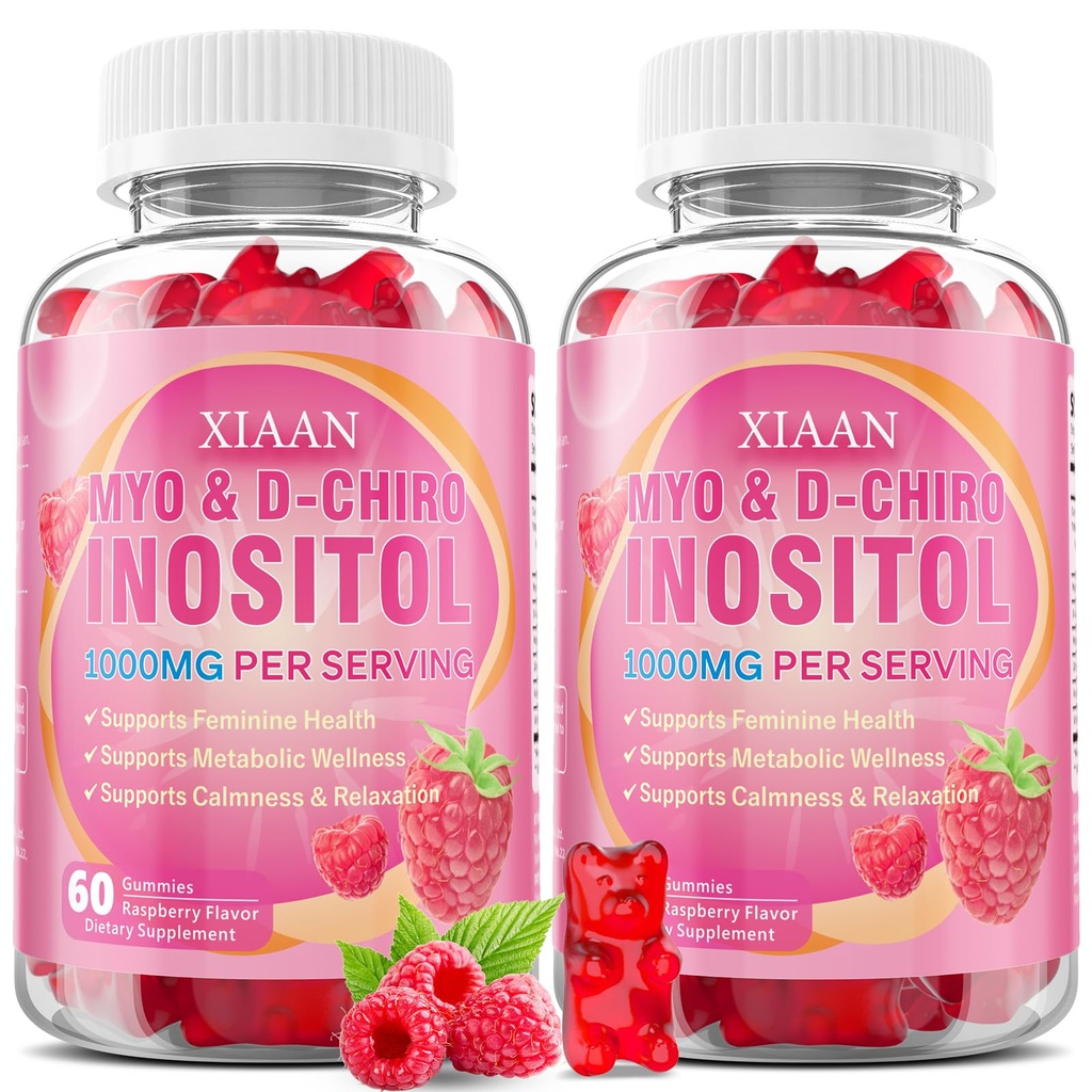 Myo Inositol Gummies 1000mg, Inositol Supplement for Women Myo-Inositol & D-Chiro Inositol for PCOS Support & Female Health, Vegan/Sugar-Free/Gluten-Free, Raspberry Flavor 120 Count