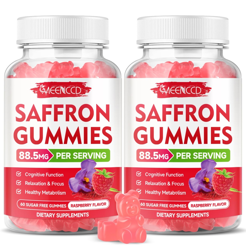 MEENCCD 2 Pack Saffron Gummies for Kids & Adults - Saffron Supplements with Magnesium, L-Theanine, Rhodiola, Sugar-Free, Raspberry Flavor, 120 Count