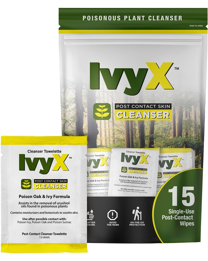 CoreTex Ivy X Post-Contact Poison Ivy Wipes with Resealable Travel Bag - Pack of 15 Single-Use Treatment Wipes to Assist in Removal of Rashes - Also Works on Poison Oak & Sumac Oils