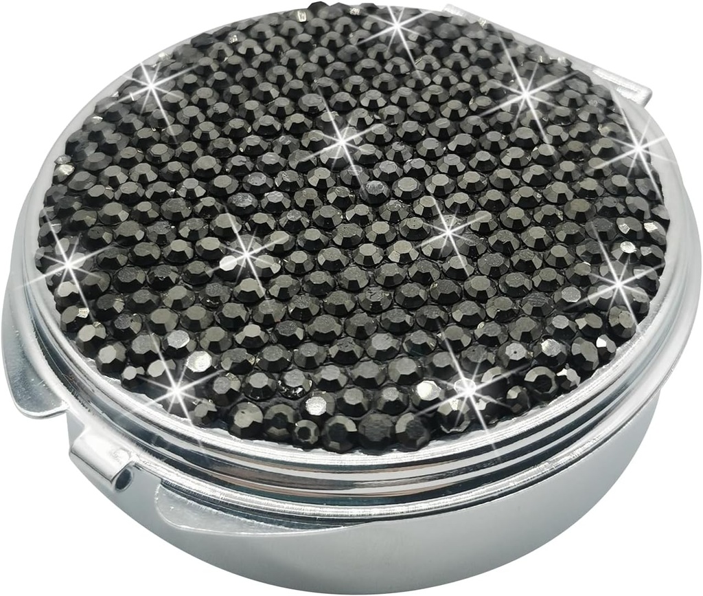 Bling Pill Case for Purse Medicine Vitamine Container Holder Pocket Pill Case Round Medicine Organizer for Vitamine/Pish Oils/Supplement Travel Medicine Kit (3 Compartiment Black)