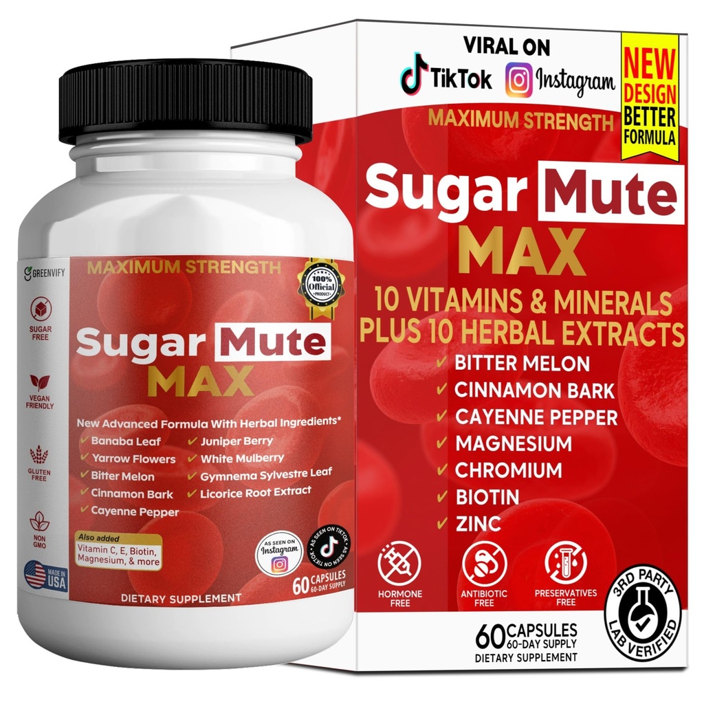 Sugar Mute Max Blood Sugar Support, 60 Veggie Capsules, with Banaba Leaf, Juniper Berry, Vitamins & Herbs (1)