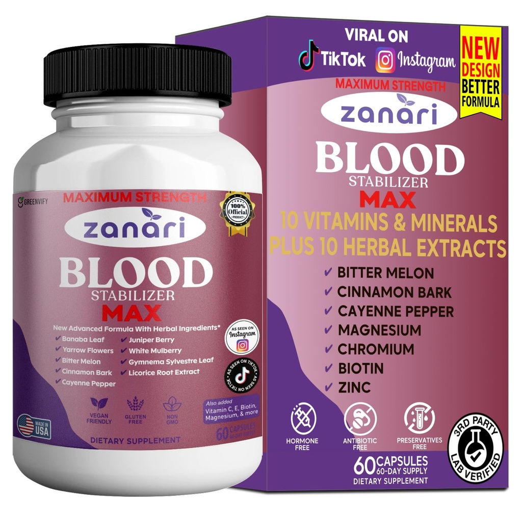 Zanafi Blood Stabilizer Max, 60 Veggie Capsules, Maximum Strength Herbal Supplement with Banaba Leaf, Juniper Berry, White Mulberry, Vegan Friendly, Gluten Free (1)