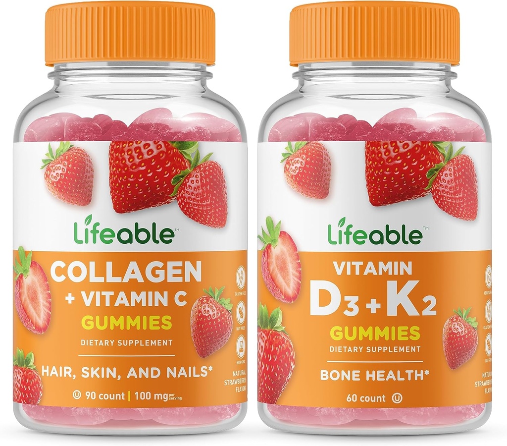 Colagen și vitamina C cu viață + vitamina D3 + vitamina K2, Gummie Bundle - mare degustare, supliment de vitamine, gluten gratuit, OMG-uri fără, guma de mestecat