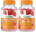 Lifeable Collagen & Vitamin C + Vitamin D3 + Vitamin K2, Gummies Bundle - Great Tasting, Vitamin Suplemen, Gluten Bebas, GMO Bebas, Gummy Chewable