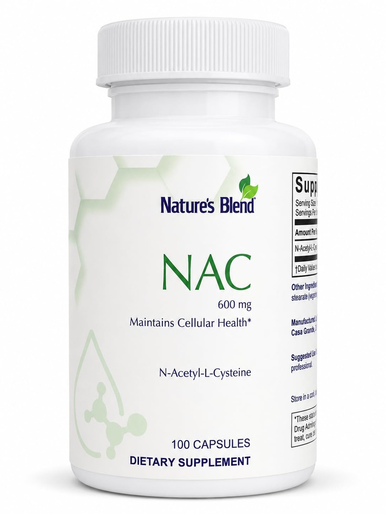 Nature's Blend NAC 600mg – High-Potency N-Acetyl-L-Cysteine Dietary Supplement, Antioxidant Support, Gluten-Free, Non-GMO, 100 Capsules