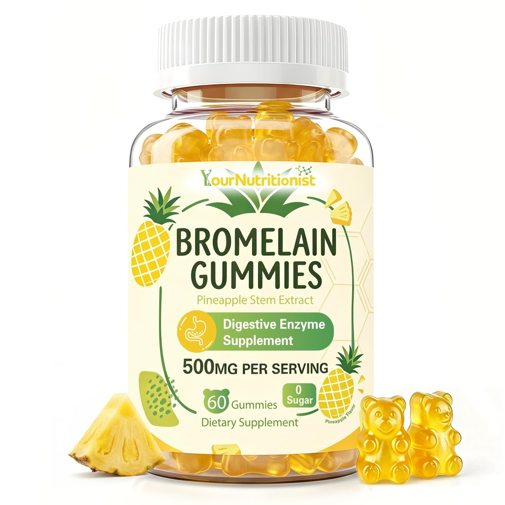 Bromelain Gummies 500mg, Digestive Enzyme Supplement, Digestive Support | 500mg Per Serving, Pineapple Stem Source, Sugar Free, Gelatin Free, Natural Pineapple Flavor, 60 Count