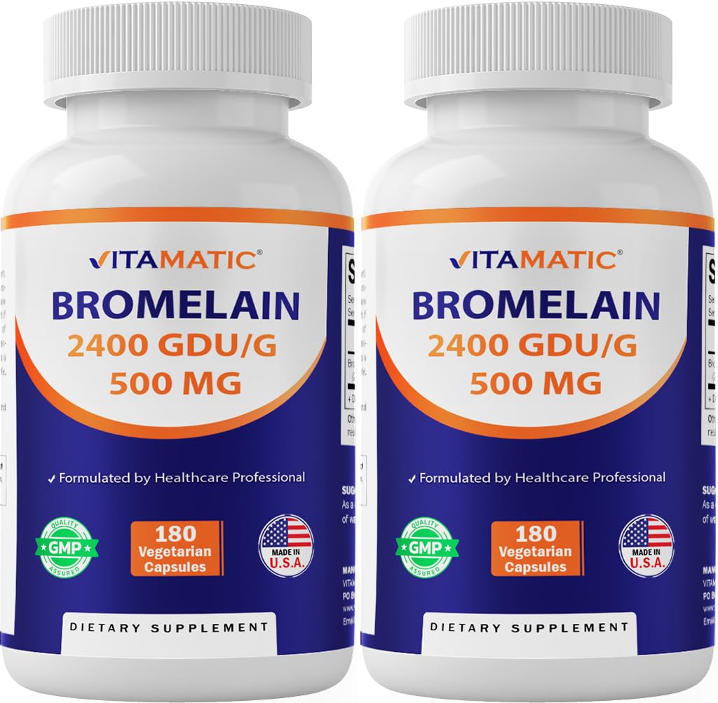 Vitamatic Bromelain 500 mg 2400 GDU/g, 180 Vegetarian Capsules (2 Pack) | 2400 GDU/g, Enzyme Supplement, Supports Healthy Protein Digetion*, Non-GMO, Gluten Free, Made in USA