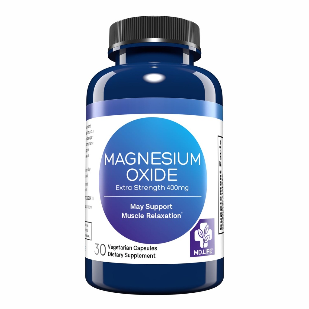 MD. Life Magnesium Oxide 400mg Capsules - High Absorption Magnesium Supplement for Leg Cramps, Sleep & Vascular Health - 30 Capsules - Non-GMO Pills for Women