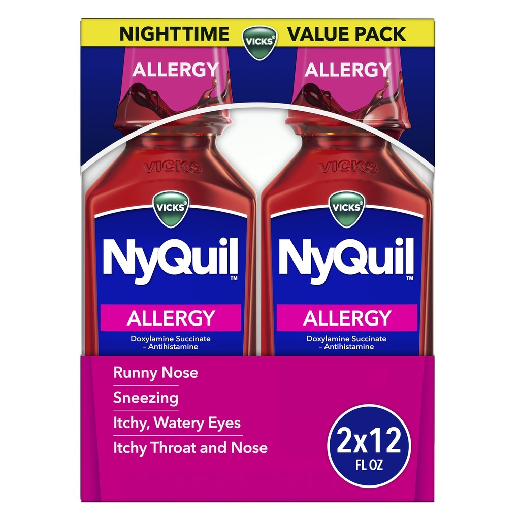 NyQuil Allergy Liquid, Twin Pack, Over the Counter Medicine, Powerful Nighttime Allergy Symptom Relief, Doxylamine Succinate Antihistamine, Berry Flavor, 2x12 FL OZ