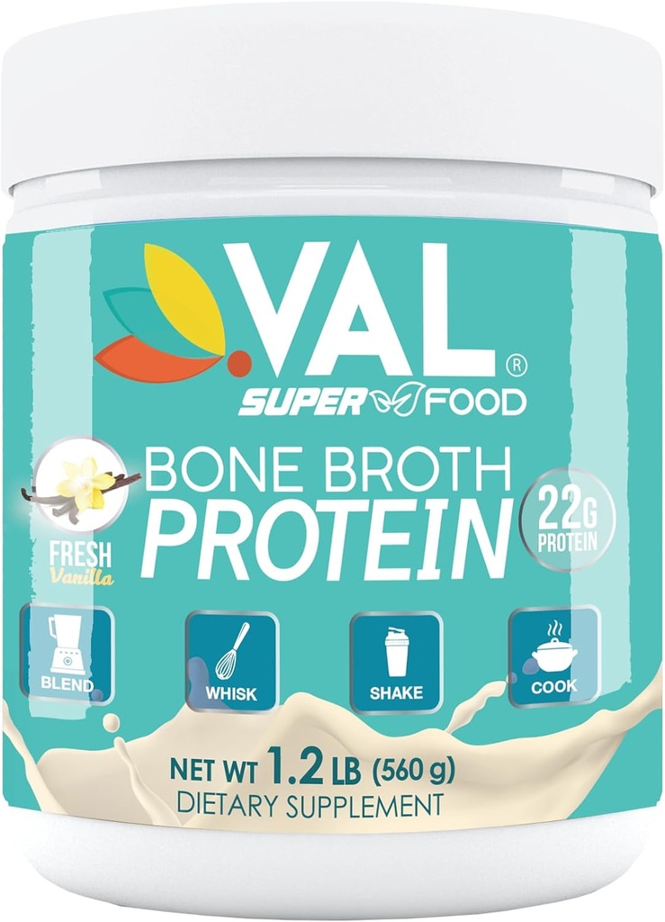 VAL Bone Broth Protein Powder – 22g Protein, 12g Collagen, MCT & Pea Protein – Gut, Skin & Joint Support – Paleo Friendly, Glutenfrei – Chicken Flavor, 16 Portionen