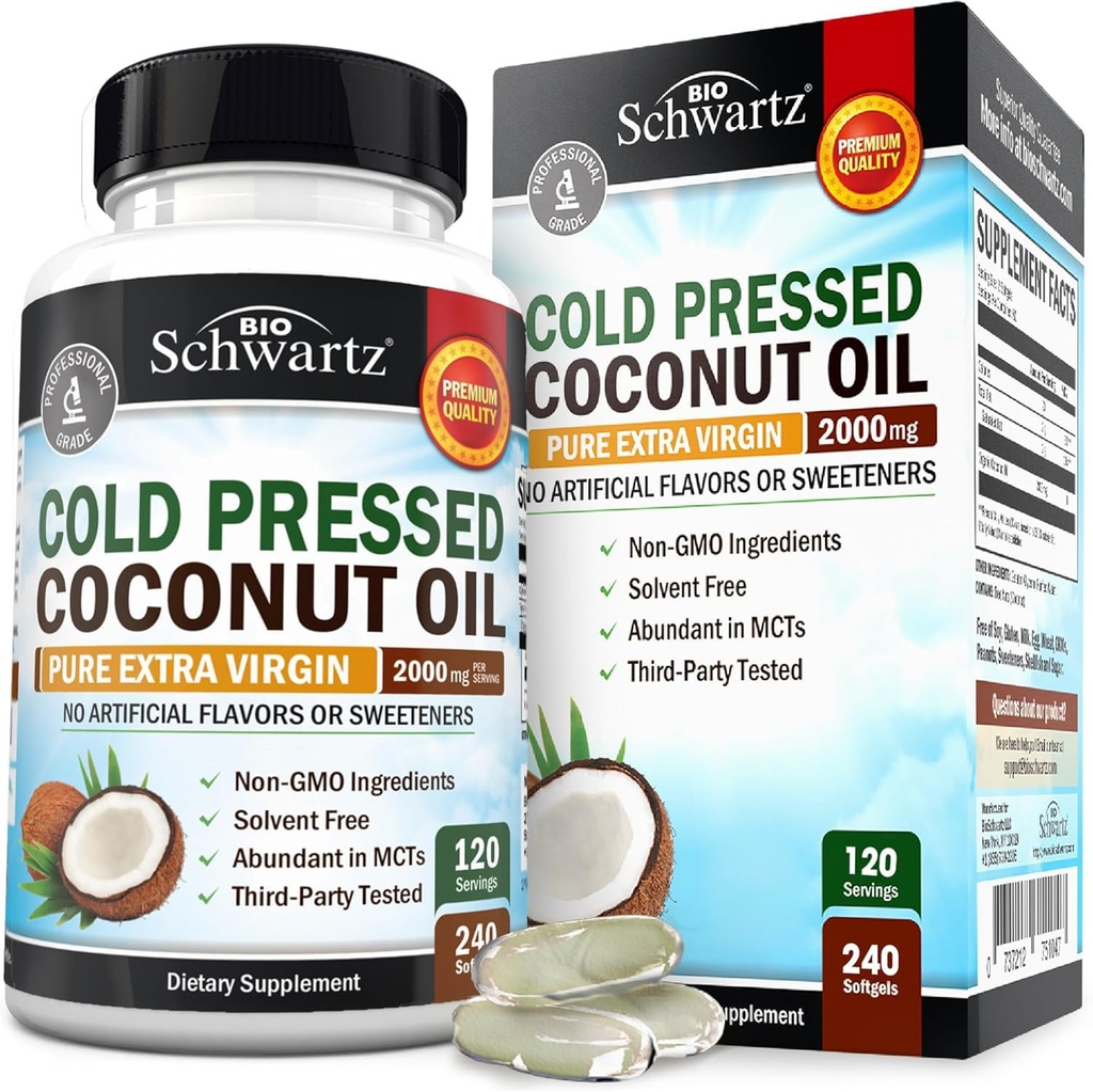 Organic Coconut Oil Capsules 2000mg - Pure Extra Virgin Unrefined Cold Pressed MCT Rich & Non-GMO for Healthy Skin Nails Hair Growth Support Bloating Anti Aging Digestion - 240ct (4 Month Supply)