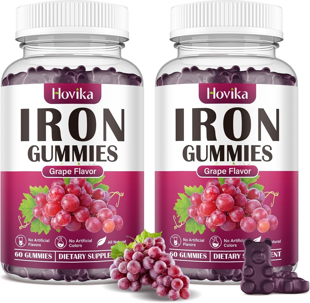 (2 Pack) Järn Gummies Supplement för kvinnor och män, Järntillskott för Anemi med vitamin C, B12, Folate-Blood Builder & Energy Support för järnbrist - Grape smak, Vegan, 120 Gummies