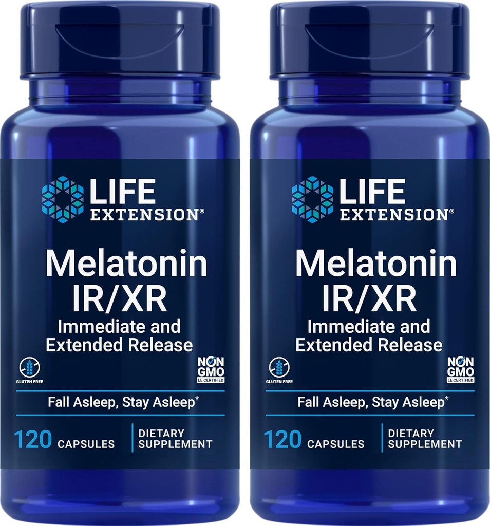 Life Extension Melatonin IR/XR, 120 Capsules (Böyük Britaniya 2) - Immediate & Geniş-Release 7 Saatlar əlavə - Night Time - Add Asleep All Night Long - Non-GMO, Gluten-Free