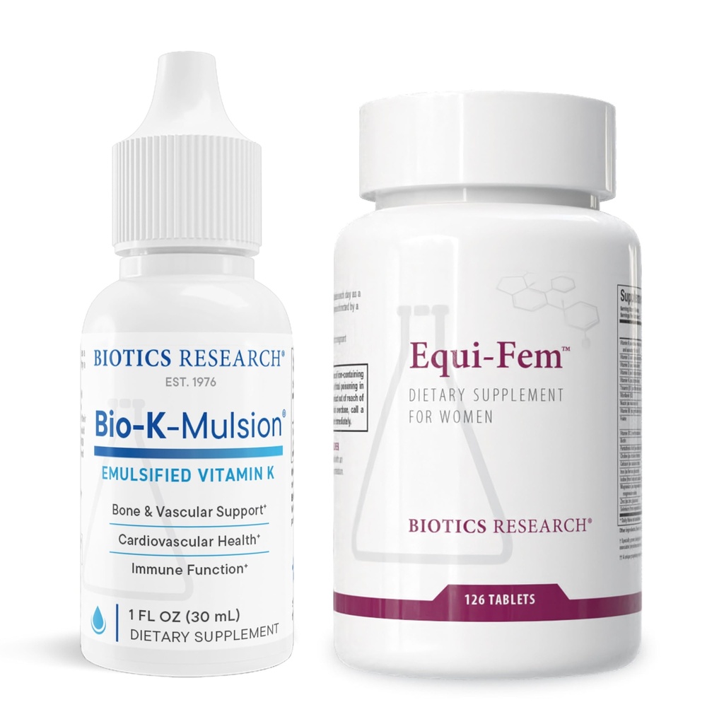 BIOTICS RESEARCH Bio K Mulsion™ & Equi-Fem™ – Liquid Vitamin K1 for Bone, Heart & Blood Clotting Support + Women’s Multivitamin for Hormonal Balance, PMS Relief & Digestive Health - 1fl oz + 126 tabs