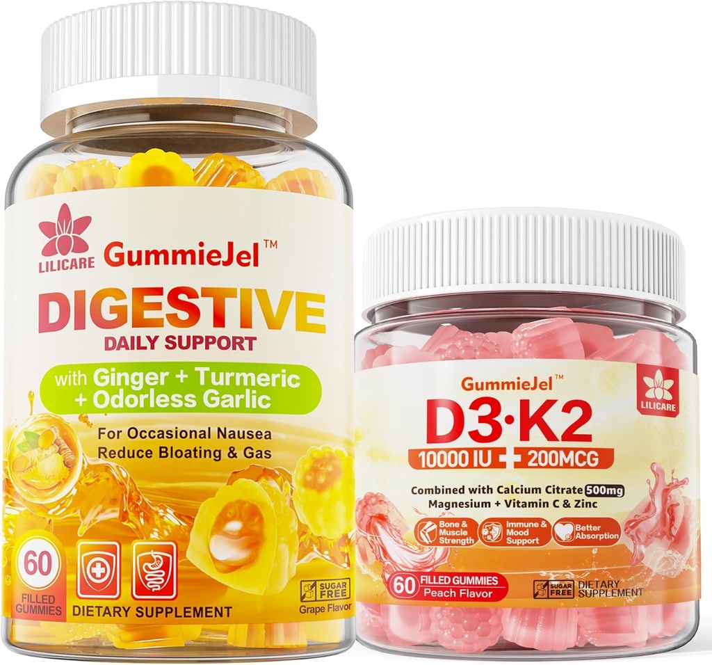 Vitamina D3 K2 Gume umplute 5000 UI / 10000 UI cu 500 mg Calciu, Citrat de magneziu, Vitamina C & Ginger Chews Supliment Gumies pentru Greaţă, Relief de stomac