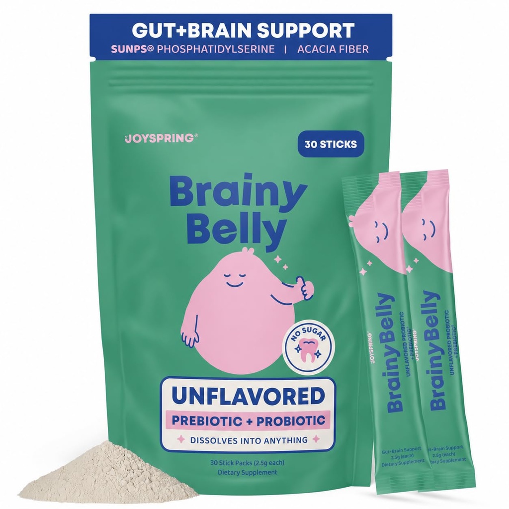 JoySpring BrainyBelly Kids Probiotic, Brain & Gut Support, Unflavored | SunPS phosphatidylserine + 2 probiotic strains. Sugar-free, dye-free, vegan powder stick. Stir into any drink. 30 ct, ages 4+