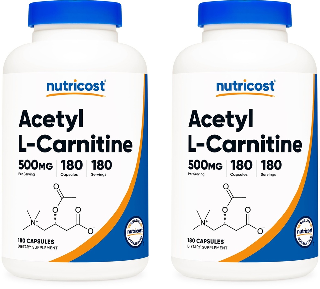 Nutricost Acetyl L-Carnitine (ALCAR) 500mg, 180 Capsules, 180 Servings - Non-GMO and Gluten Free, 1 Capsule per Serving (Pack of 2)