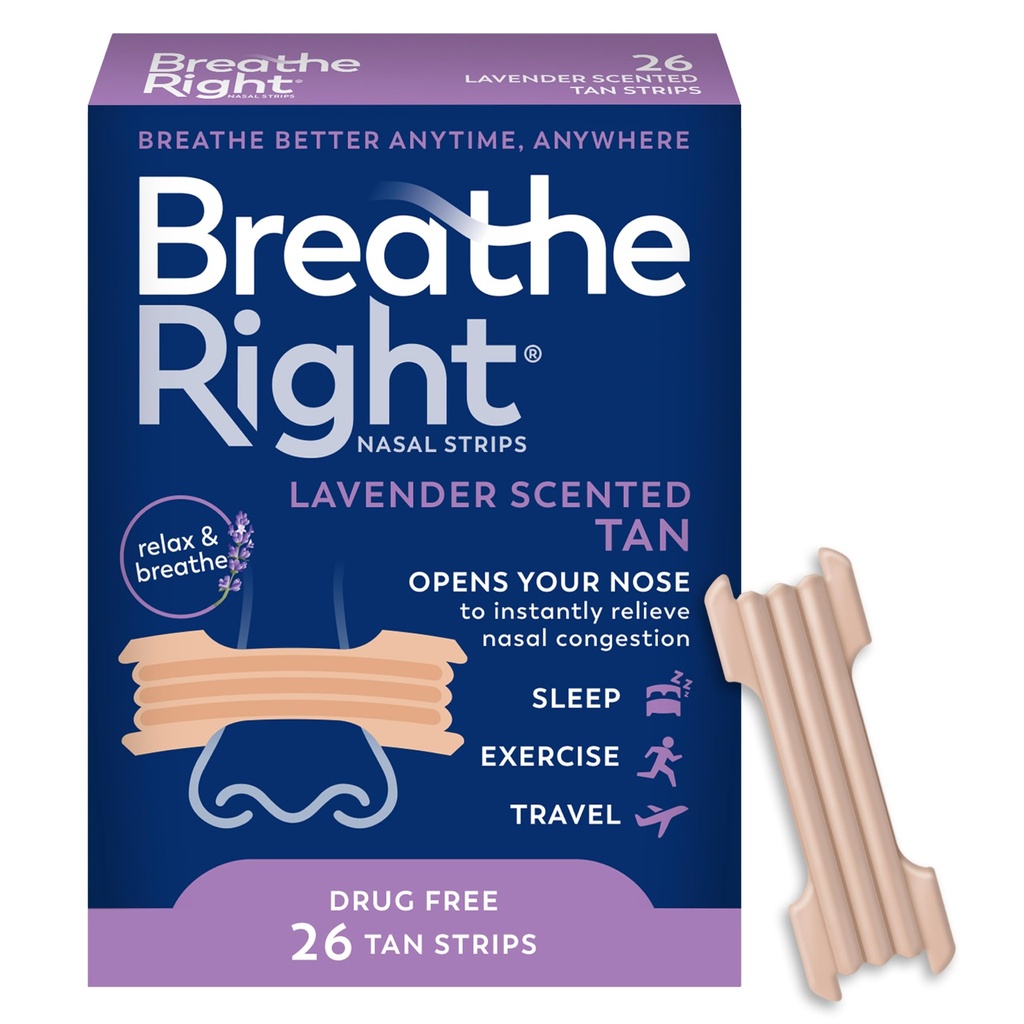 Breathe Right Nasal Strips Lavender Scent Extra Strength Tan Nasal Strips Help Stop Snoring Drug-Free Snoring Solution & Nasal Congestion Relief Caused By Colds & Allergies 26ct (packaging may vary)