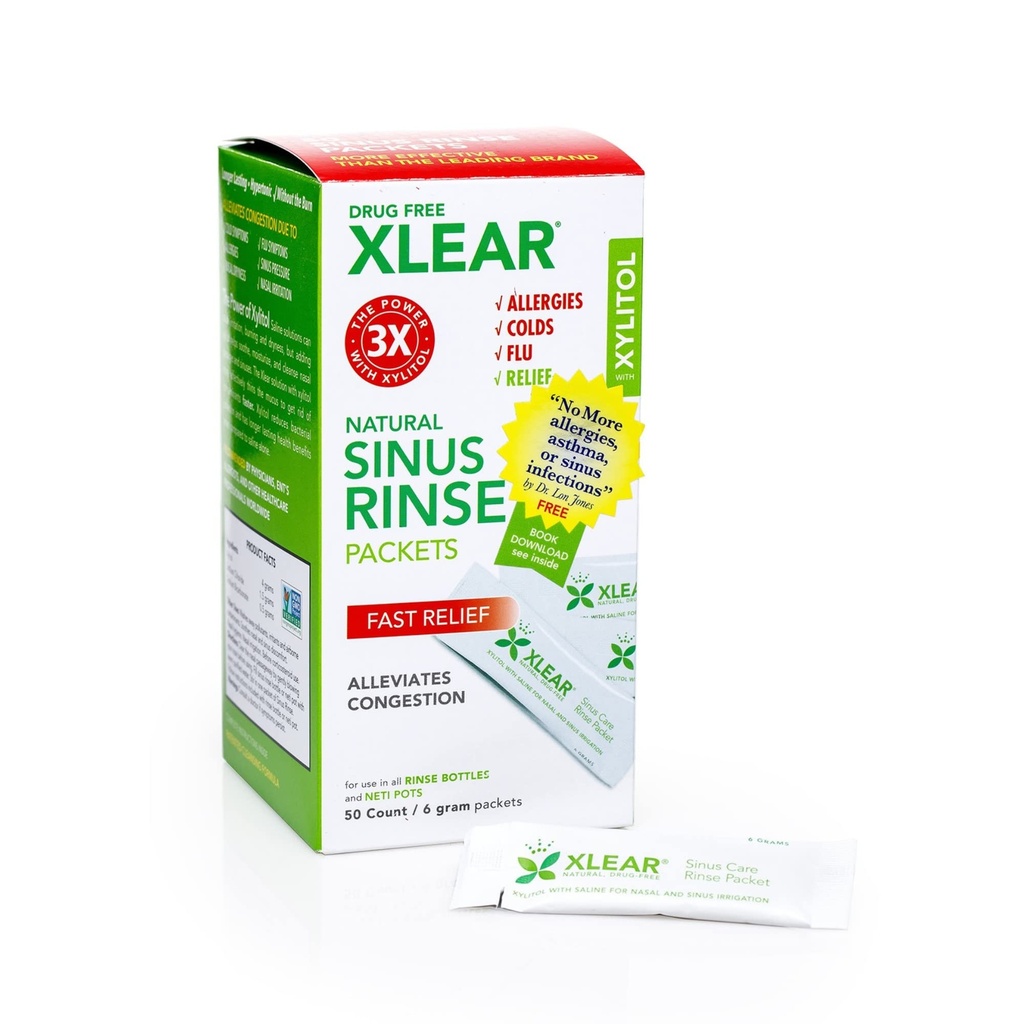 Xlear Natural Sinus Rinse Saline Packets with Xylitol, 50 Count (Pack of 2) | Sinus Care Refill Solution for Dry Nose, Fast Pressure and Congestion Relief, Works with Most Nasal Irrigation Systems