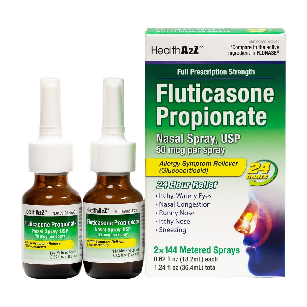HealthA2Z® Fluticasone Propionate Nasal Spray | 50 mcg per Spray | 24 Hour Allergy Relief | 144 Sprays | 0.62 fl oz. (18.2mL) (0.62 fl oz. (Pack of 2))