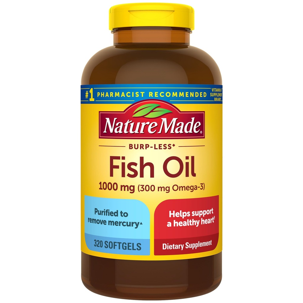 Nature Made Burp Less Fish Oil Omega 3 Supplements, 1000mg Softgels, Omega 3 Fish Oil Supplements for Healthy Heart Support, 320 Softgels, 160 Day Supply