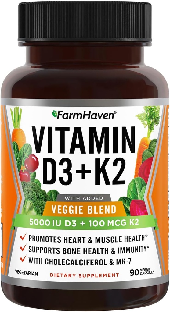FarmHaven Vitamin D3 K2 Kapsle - 5000 IU D3 a 100 mcg K2 - Cholekalciferol MK7 s Veggie Fruit Blend - Vitamin D K2 dodatek pro imunitní systém a zdraví srdce - Vegetariánské, Non- GMO, 90 Caps