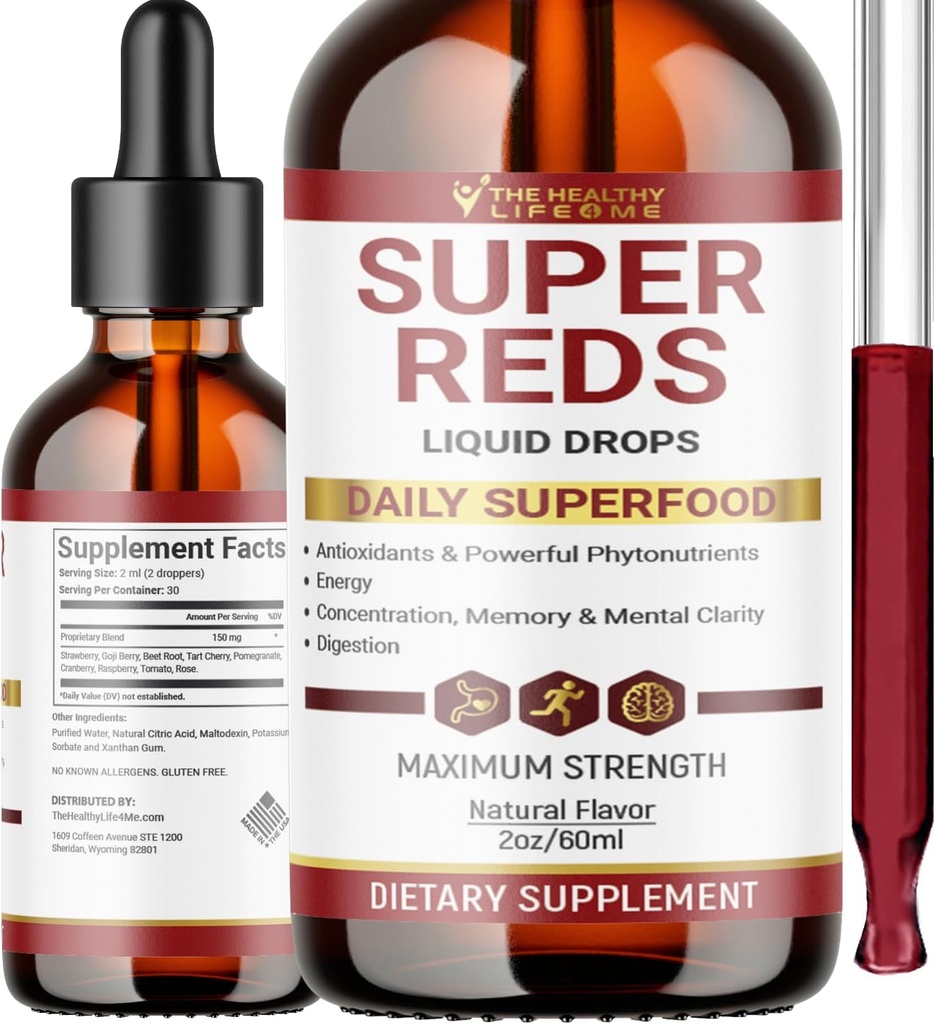 Liquid Super Reds Phytonutrient Superfood Drops | Phytonutrient blanding inneholdende polyfenoler | Antioksidanter og mer | Great smak 2oz - 30 dagers forsyning