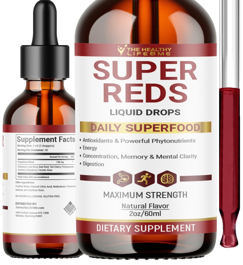 THE HEALTHY LIFE 4 ME Liquid Super Reds Phytonutrient Superfood Drops | Phytonutrient Blend containing Polyphenols | Antioxidants & More | Great Taste 2oz - 30 Day Supply