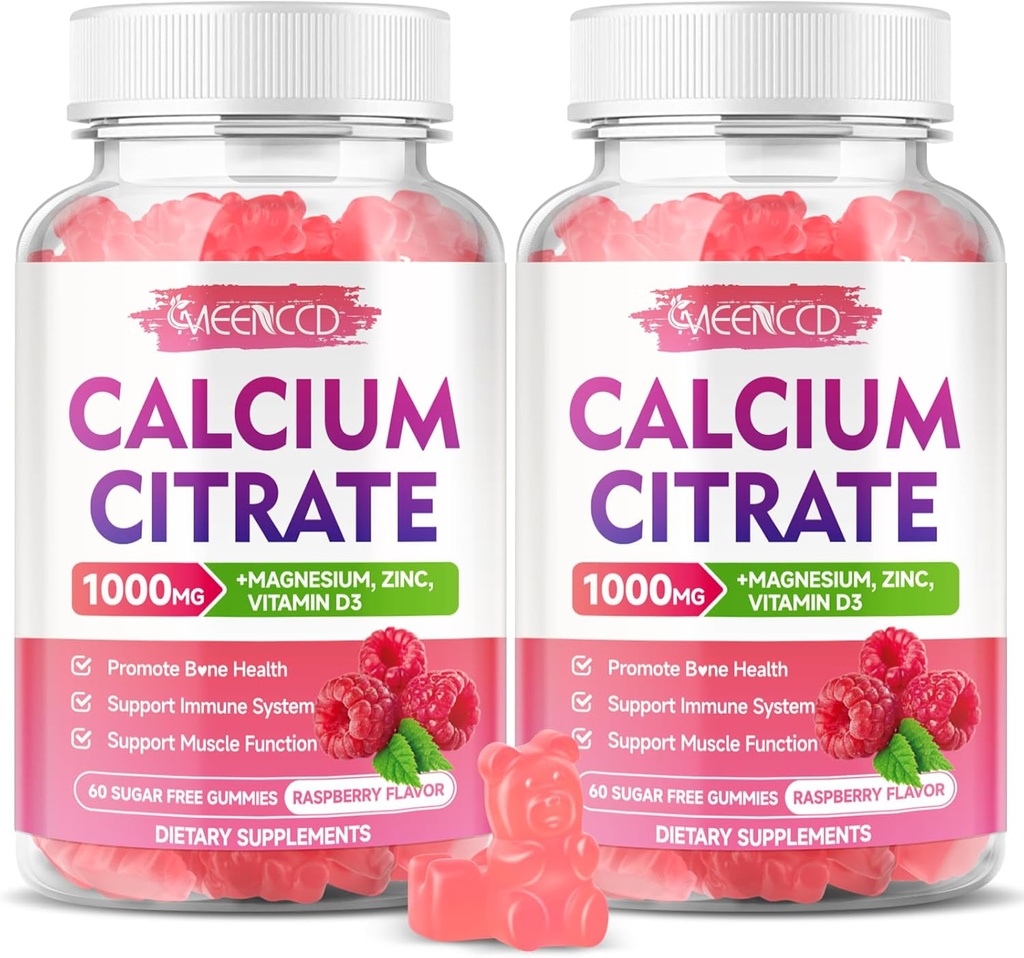 2 Paket Calcium Citrate Gummies 1000mg w / Vitamin D3, Absorpsi Tinggi Kalsium untuk Perempuan & Pria, Plus Magnesium, Posium, Zinc untuk Muscle & Imune, Raspberry Flavor, 120 Count