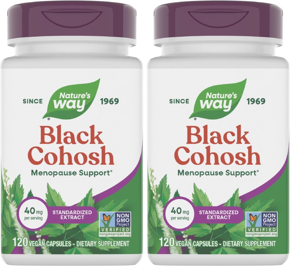 Nature's Way Black Cohosh Premium Extract, Helps Reduce Night Sweats and Promotes Restful Sleep for Women During Menopause*, 40 mg per Serving, 120 Vegan Capsules (Packaging May Vary), (Pack of 2)