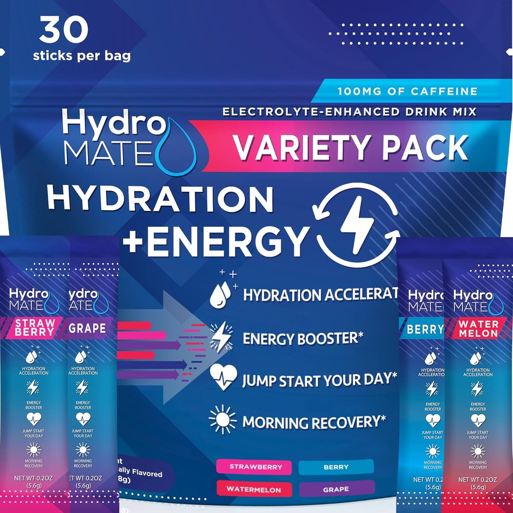 HidroMATE Electrolytes Milteliai Geriamasis mišinys Pakuotėse Hidration Accelerator Low Sugar Party Mėgstamiausios Rapid Recovery Vitaminas C Plus Kofeinas Veislės Pack - 30 Skaičiavimas