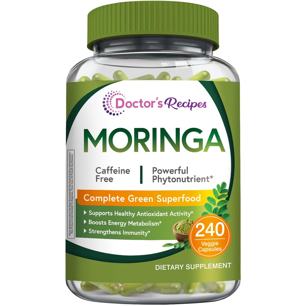 Doctor's Recipes Moringa, Complete Green Superfood, 240 Vegan Caps | Moringa Oleifera, Natural Antioxidant Support, Powerful Phytonutrients, Non-GMO, No Caffeine, No Soy, No Gluten