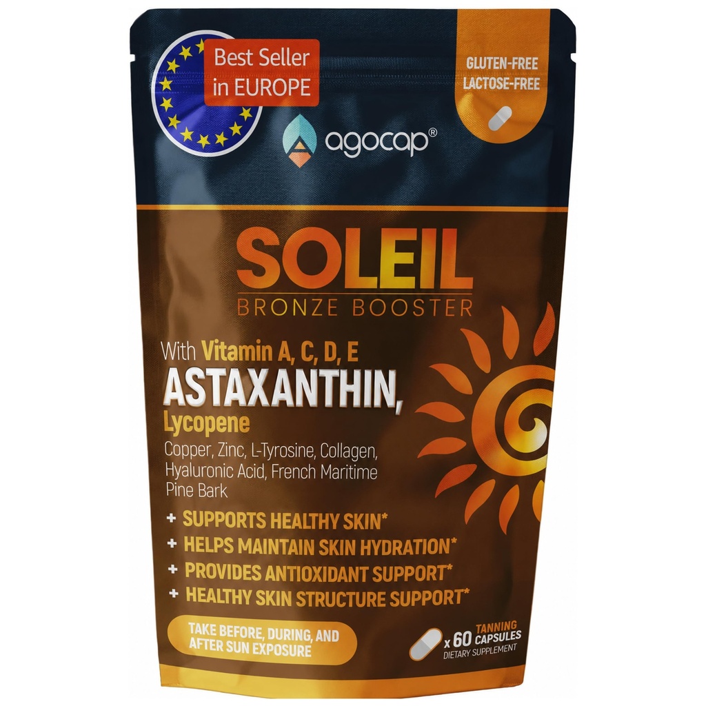 SOLEIL, Tanning Pills for Natural Glow. Self tanner with Astaxanthin, Lycopene, Collagen & Beta Carotene, Vitamins A, C, D, E, Hyaluronic Acid & Pine Bark. Tanning supplement Skin Hydration. 60 Caps