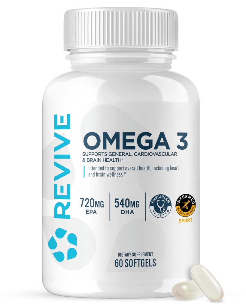 Revive MD Omega 3 Fish Oil Supplements for Men & Women – Softgels with EPA & DHA Fatty Acids for Healthy Skin & Joints, Heart & Brain Support – Vegan-Friendly, Gluten-Free (120 Softgels)