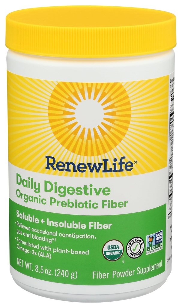 Renew Life Daily Digestive Organic Prebiotic Fiber Powder, Daily Supplement Supports Digestive and Immune Health, Soluble and Insoluble Fiber, Dairy and Soy Free, 8.5 oz.